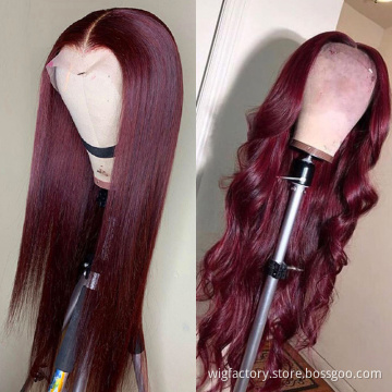 Wholesale 150% pelucas lace front wig brazilian human hair,13*4 virgin hair wigs lace front, 99j burgundy lace front wig